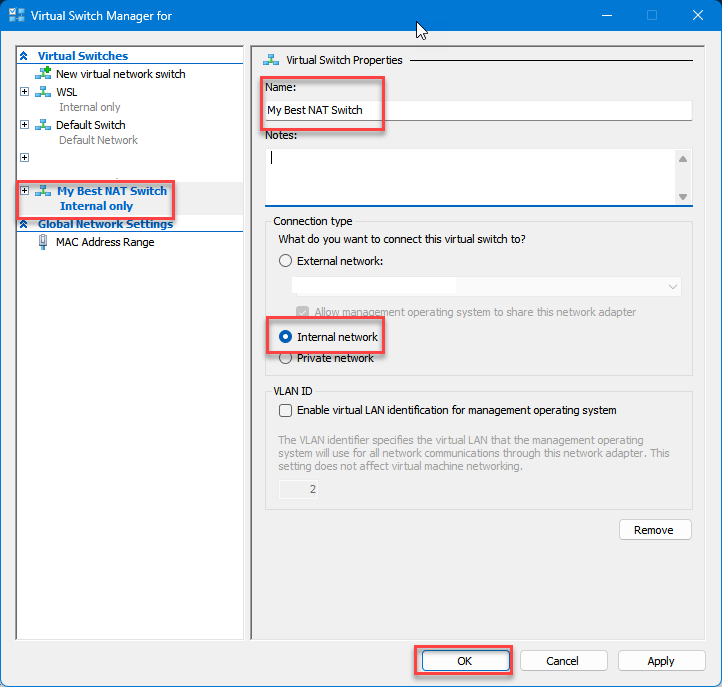 create new virtual switch in hyper-v virtual switch manager.