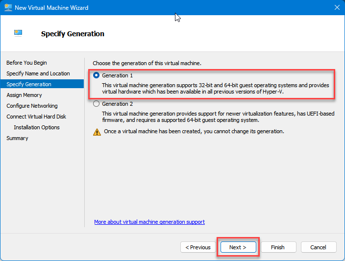 select generation 1 for VM